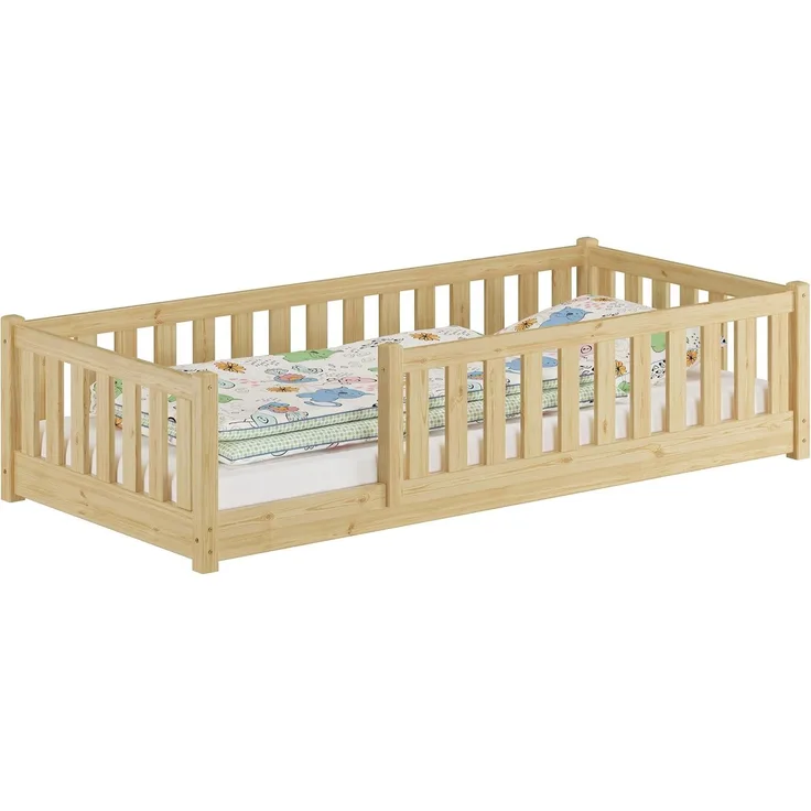 Baby-Bett, Holzbett 90x200 mit Rundumsicherung Kiefer natur lackiert V-60. 77-09