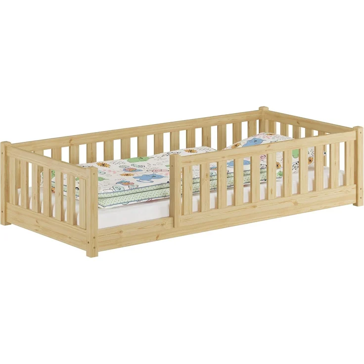 Baby-Bett, Holzbett 90x200 mit Rundumsicherung Kiefer natur lackiert V-60. 77-09