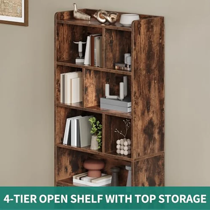 YITAHOME 4-stöckiges Bücherregal mit Türen und Schrank, freistehendes Bücherregal mit offenen Fächern für Zuhause, Büro, Wohnzimmer und Schlafzimmer, rustikales Braun, 60 x 30 x 159 cm – Bild 6