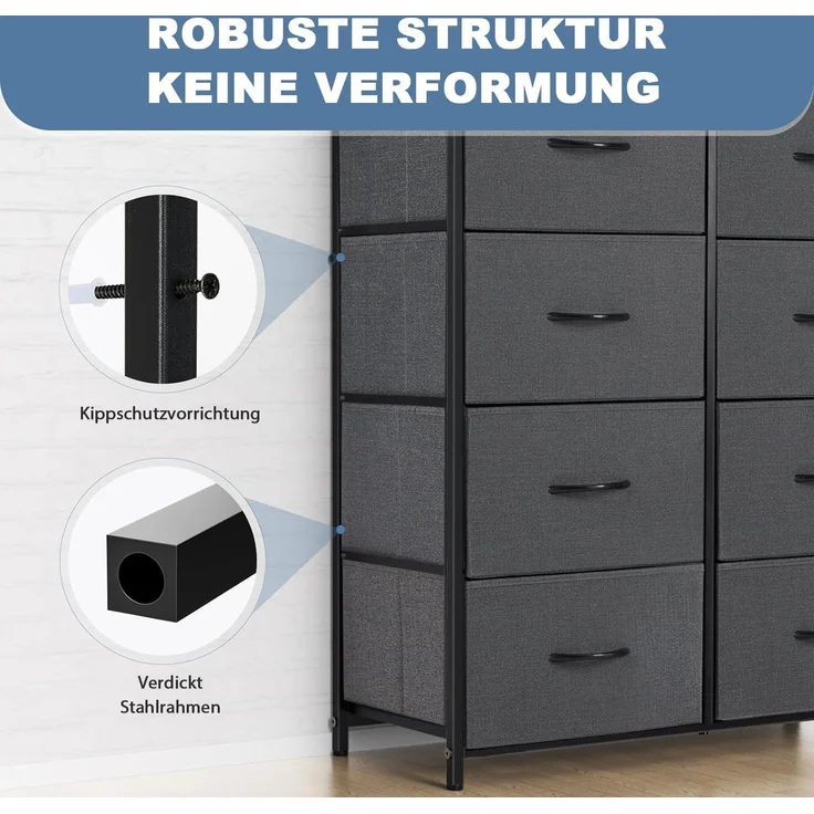 DUMOS Kommode für Schlafzimmer mit 8 Stoffschubladen hohe Kommode Organizer für Kleidung Schrank Kinderzimmer Aufbewahrungsturm mit Schrank Metallrahmen Holzplatte leichte Kinderzimmermöbel – Bild 8