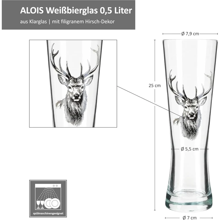 MamboCat Bierglas Alois 6er Set Weizenglas 0,5 L Hirschmotiv Geschenkverpackung, Glas – Bild 7