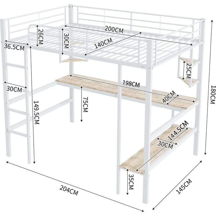Weißes Metall-Hochbett 140×200cm mit Schreibtisch, 4 kleinen Eckregalen + großem Bücherregal, Stahl+E1-MDF, Weiß, ohne Lattenrost & Matratze, Gesamt L204 × T145 × H180 cm – Bild 6