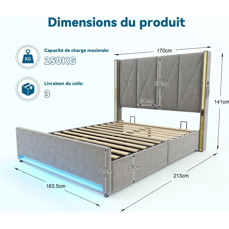 TavilaEcon Boxspringbett Veloursbett mit hohem Kopfteil, Seitentaschen & USB grau Liegefläche 160 × 200 cm – Bild 7
