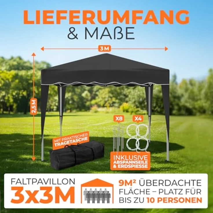 Faltpavillon 3x3 m - wasserdicht - ohne Seitenteile, schwarz – Bild 3