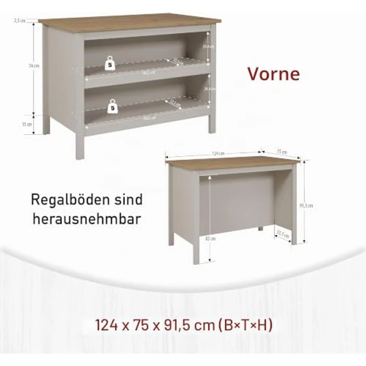 Inter Link - Kücheninsel - Mittelinsel - Arbeitsplatte - Küchenschrank mit Regalen - Melaminbeschichtet - Länge 124cm - Höhe 91,5 cm - Tiefe 75 cm - Emmilia - Cashmere Eiche Artisan – Bild 4