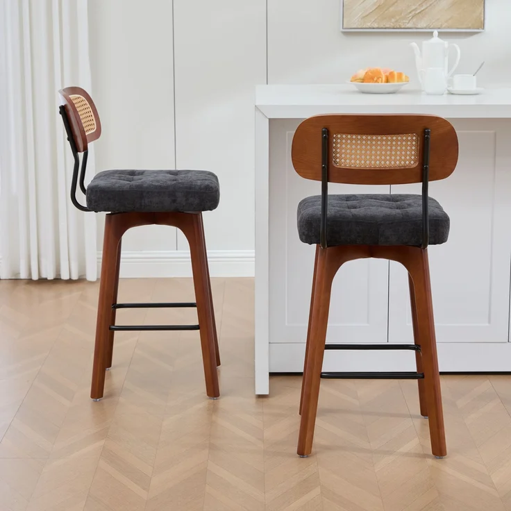 2er-Set um 360° drehbare Barhocker, Küchen- und Frühstücksbarhocker mit Rückenlehne, Rückenlehne aus Rattan mit gepolsterter Sitzfläche, Barhocker im modernen Mid-Century-Stil(schwarz, Chenille-Stoff--Schwarz--51x44x96cm--YOUDENOVA – Bild 10