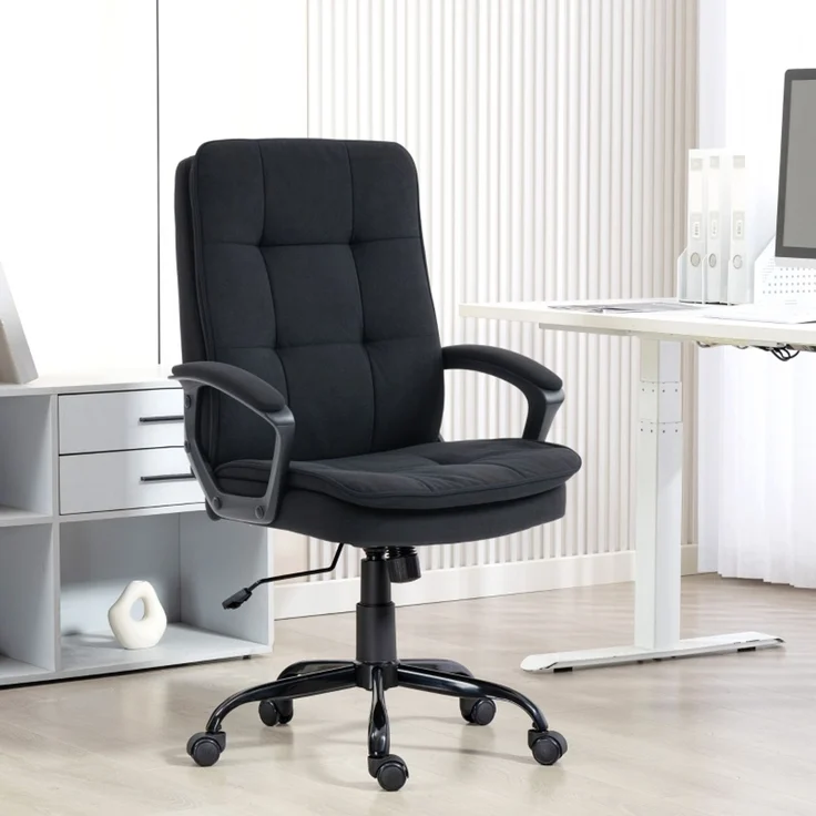 Chefsessel mit doppellagiger Polsterung, Bürostuhl aus Stoff, höhenverstellbar, mit Armlehnen, Schwarz--Schwarz--70x63x112cm--YOUDENOVA – Bild 2