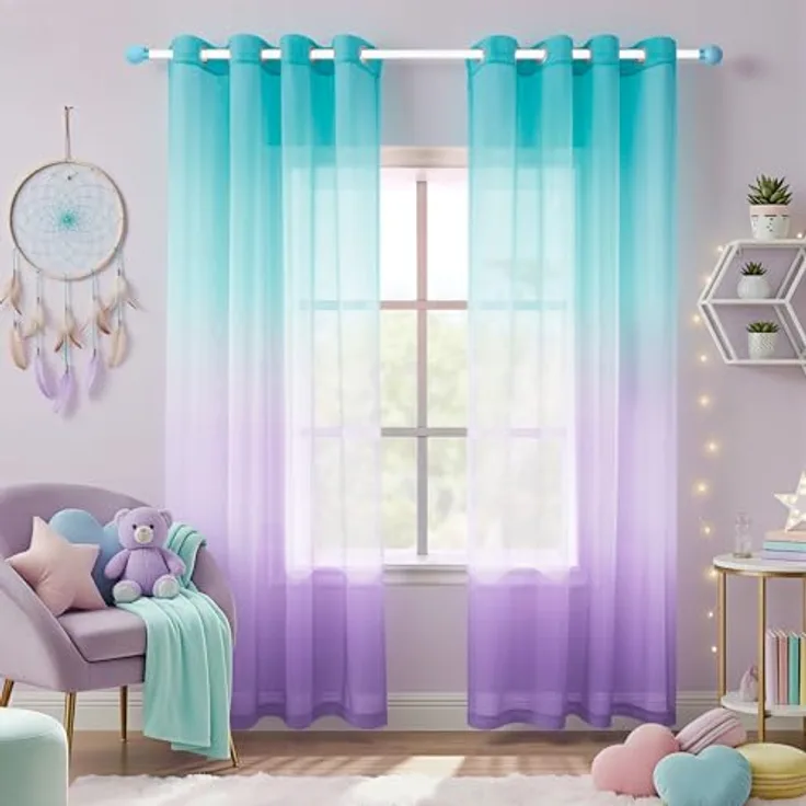 KOUFALL Mädchen-Vorhänge für Schlafzimmer, lila, lila und türkis, Meerjungfrauen-Dekor, Mädchenzimmer-Vorhänge, 2 Paneele, 213 cm Länge
