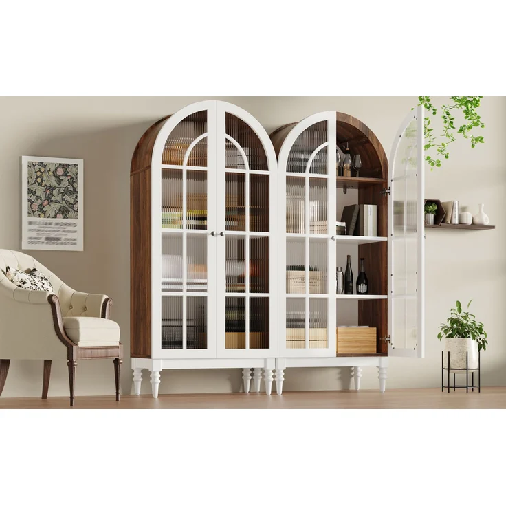 2-set Bogen-Vitrinenschrank 165cm mit Riffelglas-Doppeltüren, 3 Einlegeebenen, 2 Farben (Nussbaum+Weiß)--Weiß--76x38.5x165cm--YOUDENOVA – Bild 3