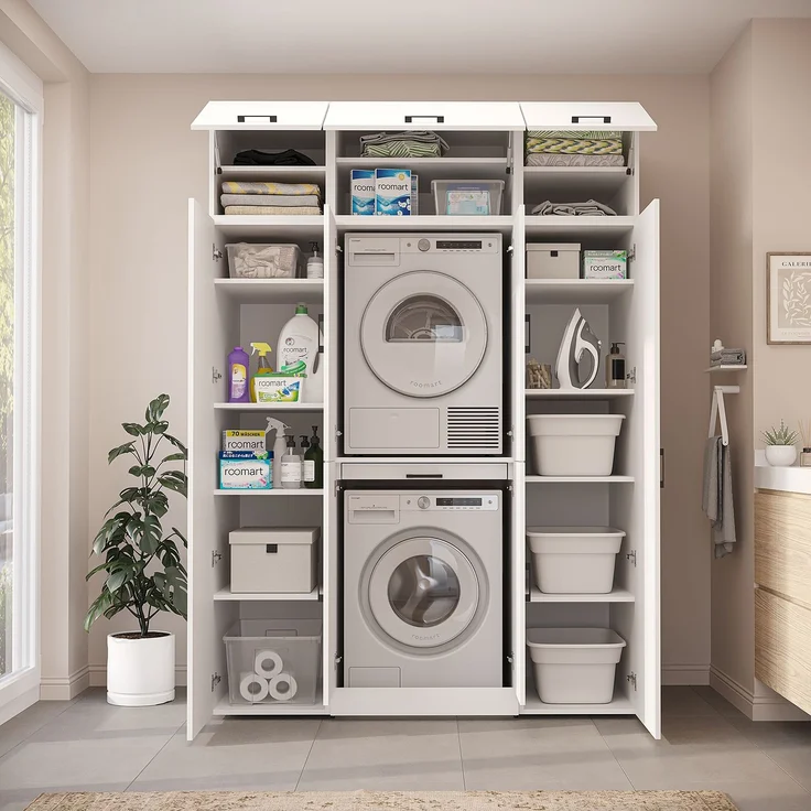 Roomart Waschmaschinenschrank - DORA-I- 160 cm breit - Wasch- & Trocknerschrank mit 2 Hochschränken, Türen & Ausziehbrett, Waschmaschinen-Überbau für Waschküche & Hauswirtschaftsraum • Weiß – Bild 4