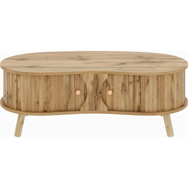 Couchtisch B 108 x T 50 x H 37 cm, mit 2 Schiebetüren, MDF in Holzoptik, Massivholzbeine – Bild 6
