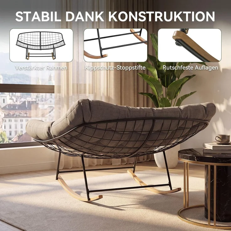 Aoxun Schaukelstuhl Outdoor,Ergonomischer Schaukelsessel für Indoor,Relaxsessel Garten,Balkon Sessel,148x113x79cm,Wetterfester Gartenstuhl Bequem,bis 200KG,Grau – Bild 5