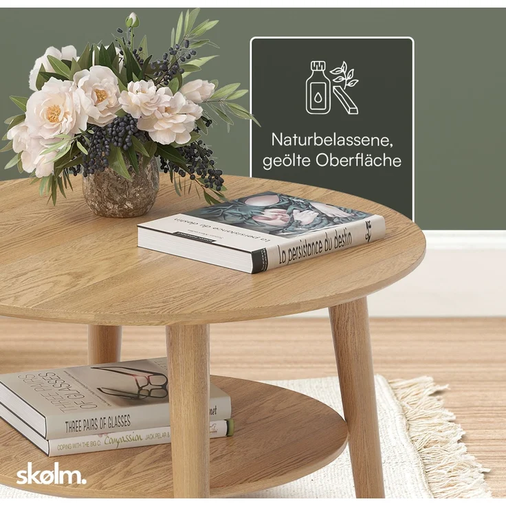 skølm 'Mjölnir' Couchtisch rund, Massivholz Eiche, natur geölt, Wohnzimmertisch Ø70 cm, Beistelltisch für Wohnzimmer mit Ablage – Bild 4