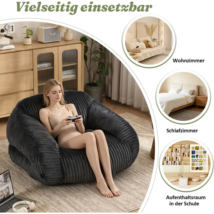 Sitzsack für Erwachsene, flauschiger Loungesessel Cord, vakuumverpackt und montagefrei, für Wohnzimmer, Schlafzimmer, Balkon(Dunkelgrau)--Dunkelgrau--116x110x61cm--YOUDENOVA – Bild 6