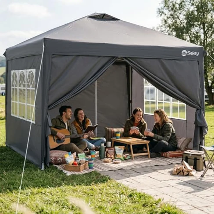 Sekey Pop Up Pavillon Wasserdicht Stabil Winterfest mit Seitenwänden, Faltpavillon 3 x 3 m, Camping Pavillion Faltbar Partyzelt mit Belüftung, Designer Serie 3x3, (Grau, 3x3 Mit Seitenwänden) – Bild 7
