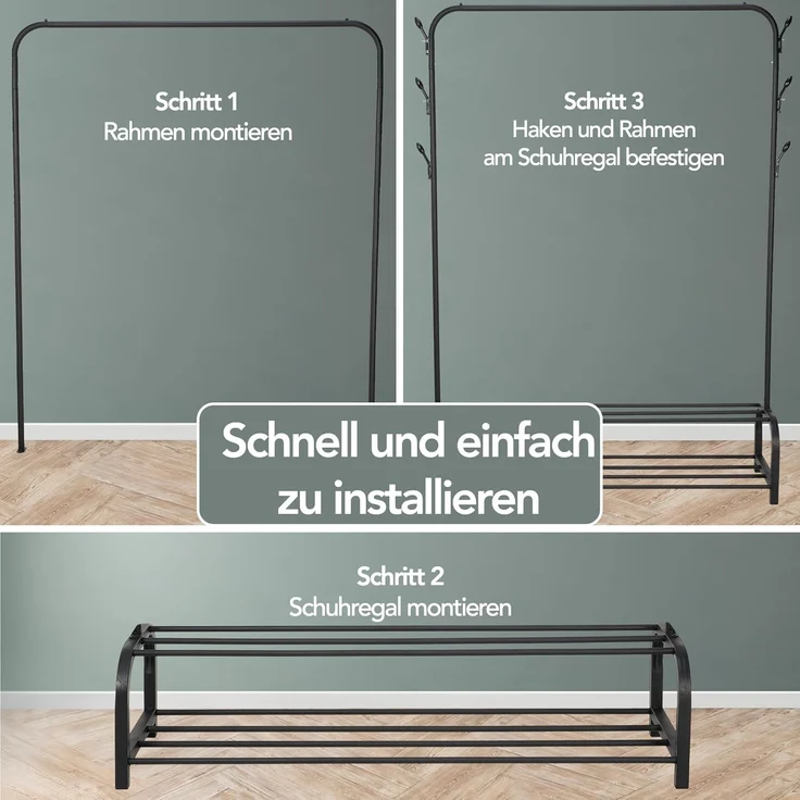 Brixy Garderobenständer - Garderobenständer - 102x34x152cm - Garderobenständer Mit Schuhregal - Industriell - Metall - Schwarz – Bild 7