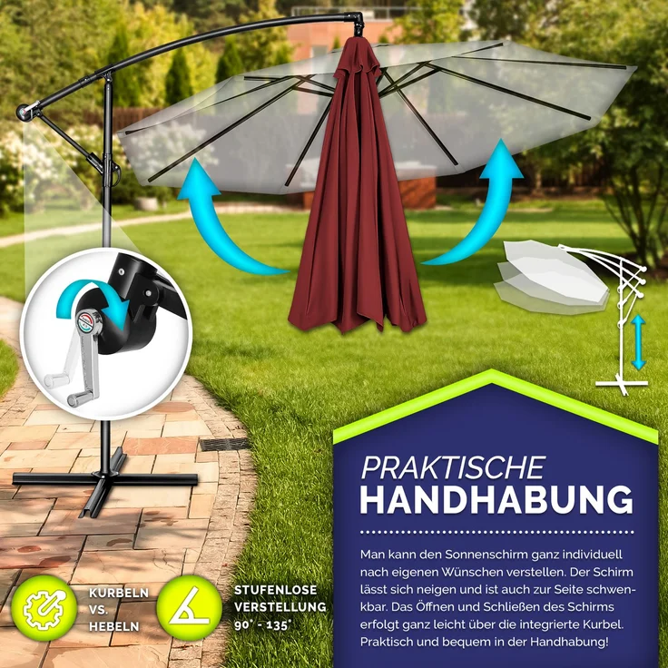 tillvex Sonnenschirm Rot Ø 350 cm Ampelschirm Gartenschirm Marktschirm Kurbel Balkon Alu Neigbar – Bild 3