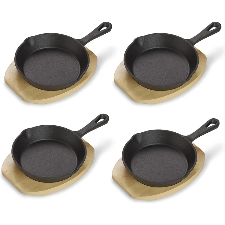 ECHTWERK Servierpfanne kleine Grillpfanne, Gusseisen (8-tlg, Servierpfännchen inklusive Servierbrett), Bereits eingebrannt. Servierbrett aus Echtholz