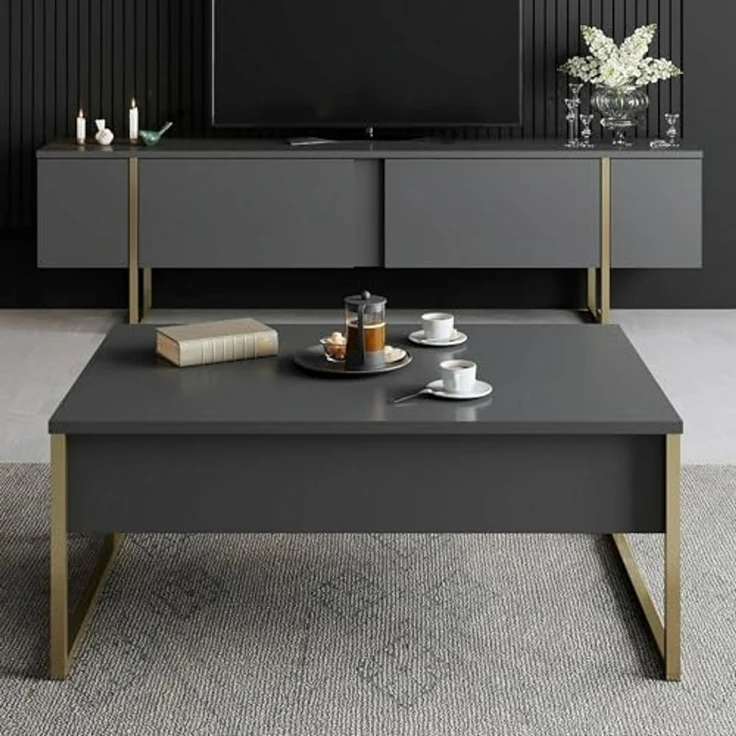 Dmora - Fernsehschrank Centaurus, Ständer für Wohnzimmerfernseher, Niedriges Wohnzimmer-Sideboard, TV-Ständerbasis, 180x30h50 cm, Anthrazit und Gold – Bild 4