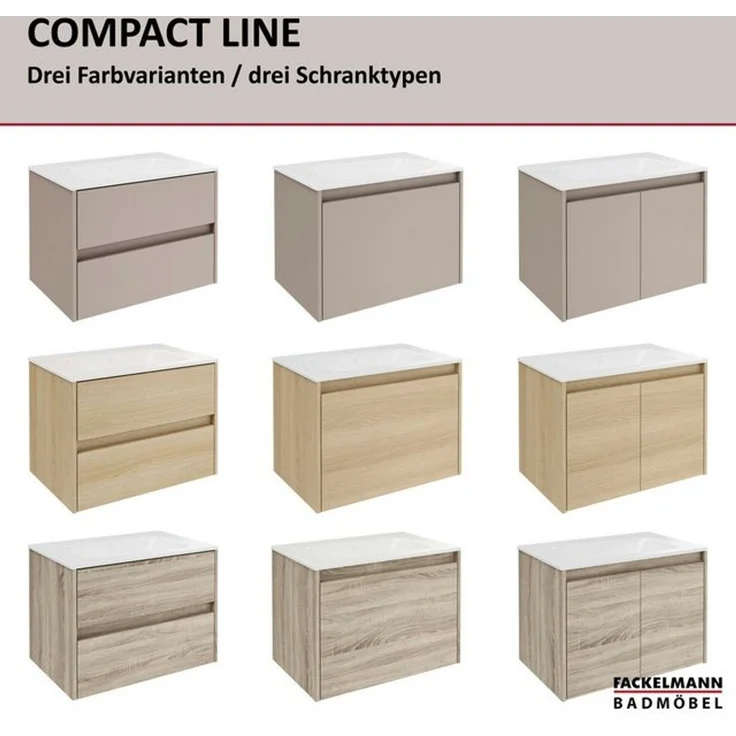 FACKELMANN COMPACT LINE Waschbecken mit Unterschrank 71 cm breit, Grau, Waschbecken Keramik Weiß, 2 Schubladen – Bild 4