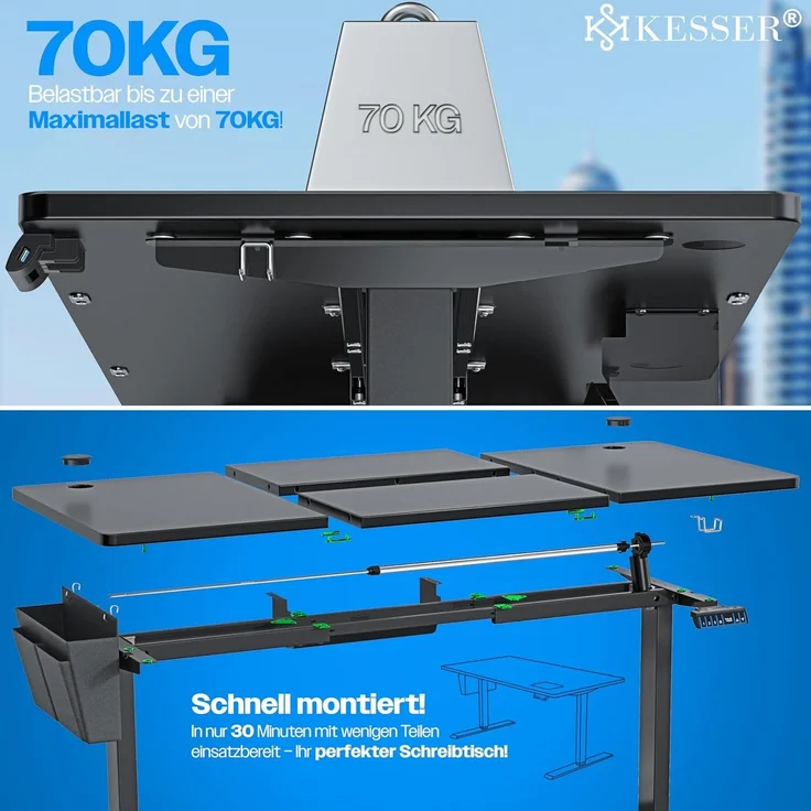 KESSER® Höhenverstellbarer Schreibtisch elektrisch | Ergonomisch Steh-Sitz Schreibtisch | 3-Funktions-Memory Steuerung | Inkl. 360° Rollen & USB-Ladeanschluss | Computertisch für Homeoffice Schwarz, 180 x 80 cm – Bild 6