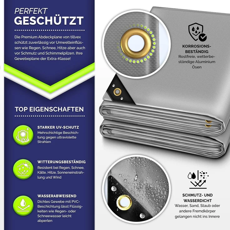 tillvex® Abdeckplane Grau 4x8 m mit Ösen + 10 Haken & 15m Seil | Gewebeplane 650g/m² Wasserdicht & Reißfest | Premium PVC-Plane Universell LKW, Pool, Holz Gartenmöbel | Gartenplane Abdeckung – Bild 2