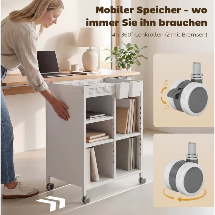 Bücherregal aus Metall auf Rollen mit verstellbaren Böden, 53x34x69,5 cm, Weiß – Bild 6