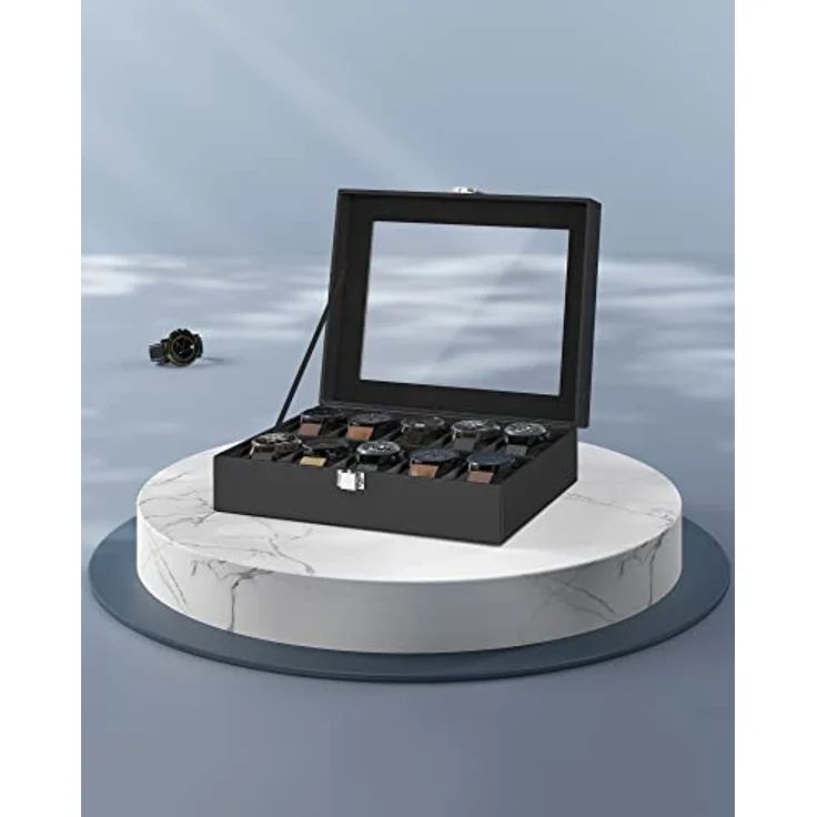 SONGMICS Uhrenbox mit 10 Fächern, Uhrenkasten, Glasdeckel, Uhrenkoffer, herausnehmbare Uhrenkissen, Metallverschluss, Geschenkidee, PU-Bezug in Schwarz, Innenfutter in Schwarz – Bild 8