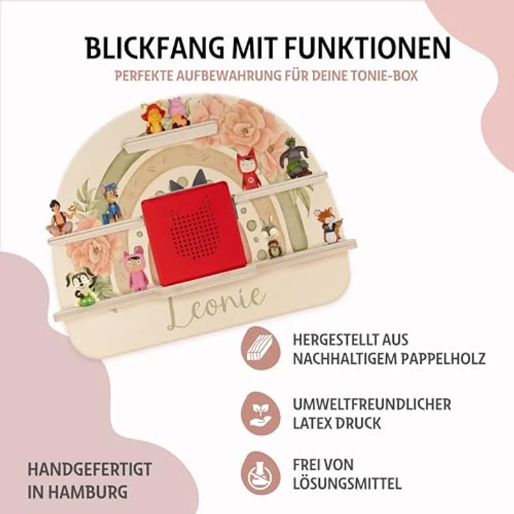 Kidsmood - Tonie Regal Mädchen mit Schutzfolie, Magnetisches Regenbogen Wandregal fürs Kinderzimmer, Aussparung für Ladegerät & Kabel – Geschenk für kleine Prinzessinnen mit Blumen Muster – Bild 5