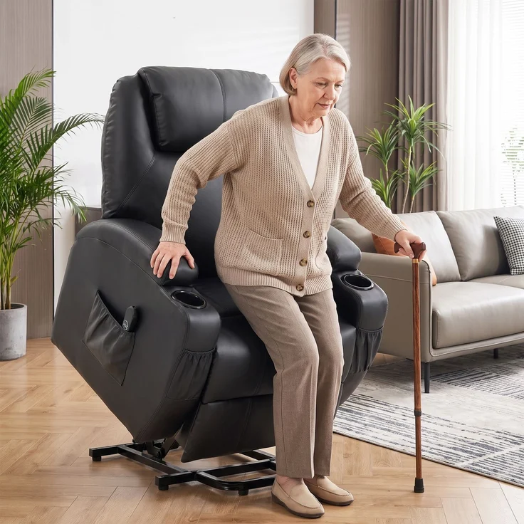 Wohnora-Fernsehsessel Relaxsessel mit Aufstehhilfe, Elektrisch TV-Sessel mit Liegefunktion, Fernbedienung mit USB-Anschluss,H 1070cm x T 950cm x B 830cm,Schwarz – Bild 2