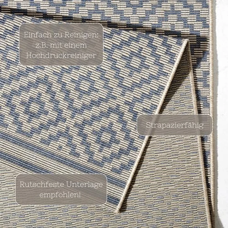 NORTHRUGS In- und Outdoor Teppich Raute 240x340 cm - Wetterfest Modern Geometrisches Raute Muster Design Teppich für Balkon Terrasse Garten Wintergarten Wohnzimmerteppich Wasserfest in Blau Creme – Bild 5
