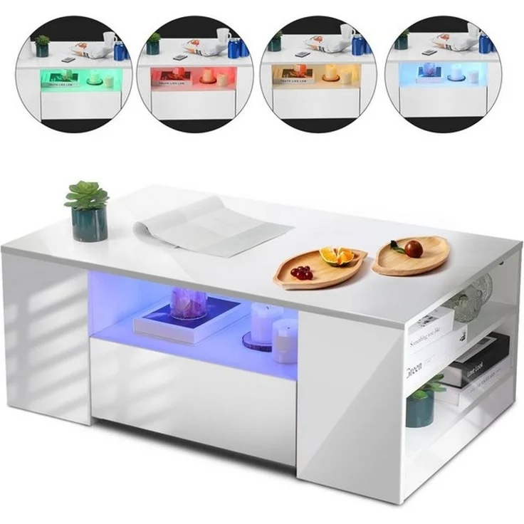 oyajia Couchtisch Hochglanz couchtisch Sofatisch mit LED-Beleuchtung Verstellbare Farben (1-St, Modern Sofatisch Wohnzimmertisch mit 2 Schublade und 2 Regalsofa), Beistelltisch, mit Stauraum, für Wohnzimmer, Schlafzimmer, 99x55x37cm – Bild 4