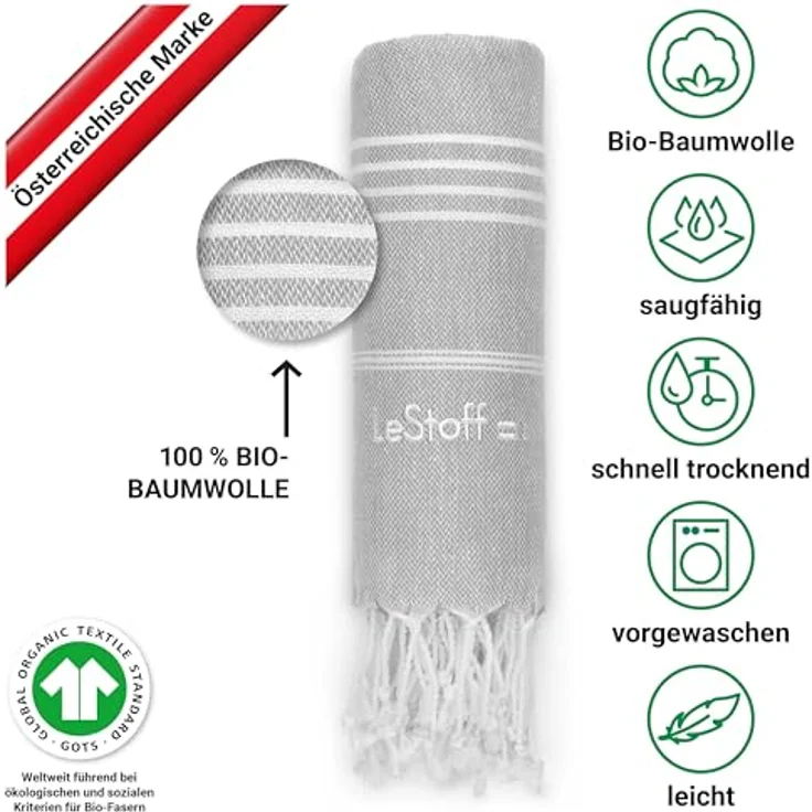 LeStoff Premium Hamamtuch - 100% Bio-Baumwolle - Vorgewaschen, Nachhaltig, Saugstark & Schnelltrocknend - Strand, Bade, Dusch, Yoga, Spa & Reise-Tuch (200x200 cm Grey) – Bild 4