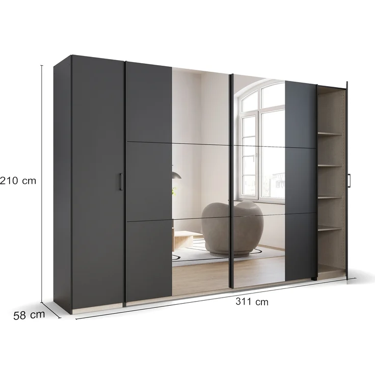 rauch Kleiderschrank, Dreh- und Schwebetürenschrank KRONACH, 4-türig, 2 Spiegeltüren teilaufgelegt, Grau metallic, 311 x 210 x 59 cm – Bild 4