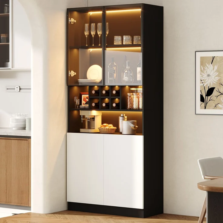 ZUBALIYA LED-Beleuchteter Glasvitrinenschrank, Küchenhochschrank 80×30×180 cm – Gehärtetes Glas, mit offenen Regalen, Platz für Flaschen und Geschirr, 2 Türen. Vielseitig geeignet für Wohnzimmer und Esszimmer – Bild 1