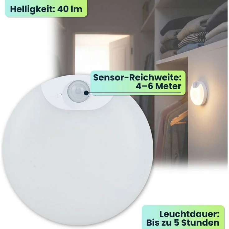 shop'n smile ideoon Schrankleuchte LED Schrankleuchte Bewegungssensor Nachtlicht magnetisch & kabellos, LED fest integriert, Schranklicht Ø8cm, Sensor-Reichweite 4–6m, Magnet-Klebemontage – Bild 3