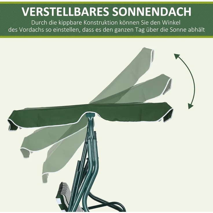 Outsunny Hollywoodschaukel Schwingbank mit Verstellbarem Sonnendach, 3-Sitzer, Relaxfunktion, Gartenschaukel, 1 tlg, Schaukelbank, Stahlrahmen, Grün 170 x 110 x 153 cm – Bild 3
