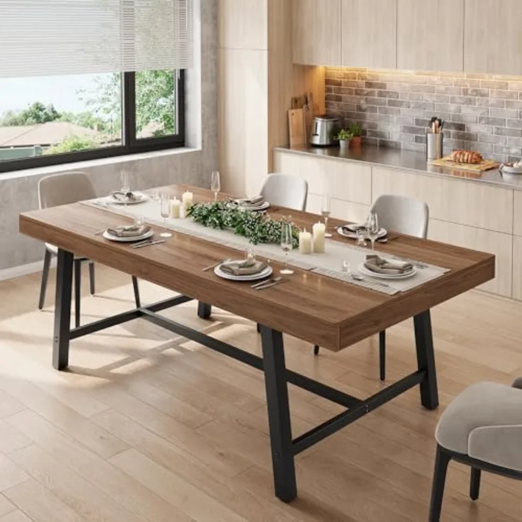 Jocoevol Esstisch, Langer Holz-Esstisch für 6–8 Personen mit 2 Schubladen, Stabiler Metallrahmen, Landhaus Küchentisch, 180 cm Langer Rechteckiger Esszimmertisch, Braun