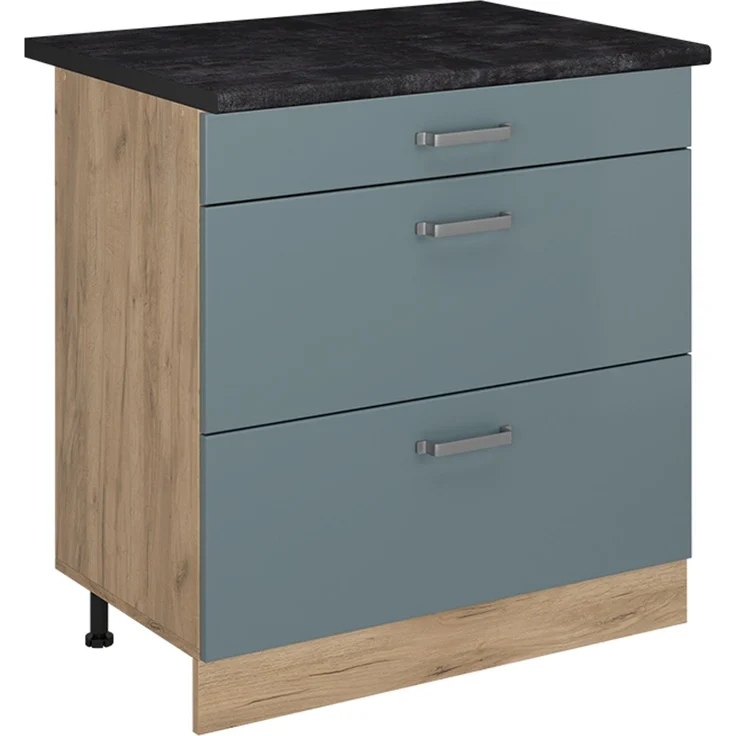 Küchenunterschrank R-Line Blau-Grau/Goldkraft Eiche 80 cm mit 3 Schubladen Arbeitsplatte Anthrazit Vicco – Bild 1