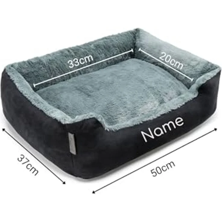lionto Hundebett mit Wendekissen und Rutschfester Unterseite, Heimtierkissen mit tiefem Einstieg für Hunde und Katzen jeden Alters, 50x37 cm, kuscheliges Hundekissen, schwarz/grau (Namensaufdruck) – Bild 5