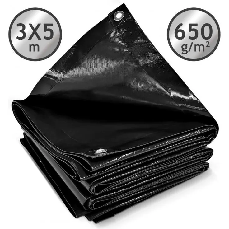 Jago® Abdeckplane mit 16 Ösen, wasserdicht und reißfest, PVC, Schwarz, 3x5 m, 650 g/m²