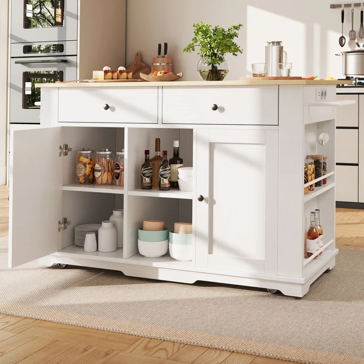 Kücheninsel, Küchenwagen mit Steckdosenleiste ausgestattet, Küchenschrank, Servierwagen mit arbeitsplatte, buffetschrank, Speisewagen mit Holzmaserung, buffetschrank,weiß – Bild 1