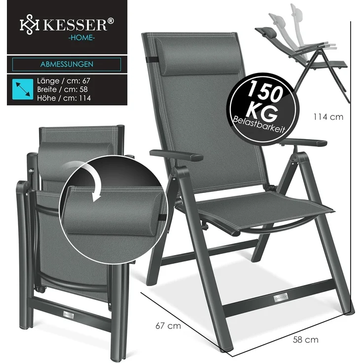 KESSER® Gartenstuhl Hochlehner mit Armlehnen | Aluminium Klappstuhl inkl. Kopfkissen Campingstuhl 7-Fach Verstellbar Rückenlehne | Atmungsaktiv & Wetterfest | Klappbar & Anti-Rutsch Anthrazit, 1 Stück – Bild 3