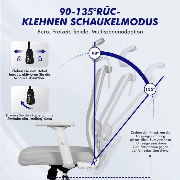 Adormii Bürostuhl bürostuhl ergonomisch,schreibtischstuhl mit verstellbarer Lendenstütze (Ergonomischer bürostuhl mit verstellbaren Armlehnen, büro stuhl bis zu 135° neigbar, ergonomic office chair mit höhenverstellbarer, atmungsaktiv und komfortabel, ... – Bild 3