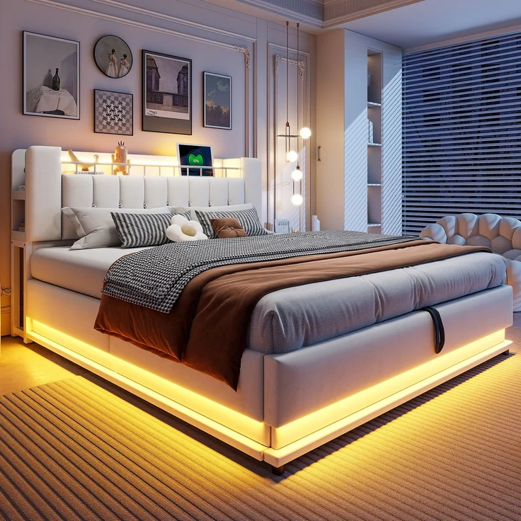 EINHOM Smartes Polsterbett 180 x 200 cm, Gepolstert, mit LED-Beleuchtung, USB- und Hydraulischem Stauraum, Weichem Samtbezug und Metallrahmen, Beige, (Ohne Matratze) – Bild 3