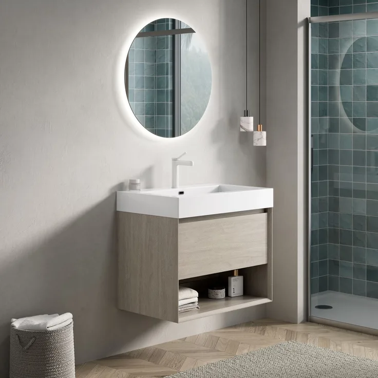 Badmöbel-Set, H 60 x T 70 x B 46 cm, mit Resin-Waschbecken und Schrank in heller Eichenoptik
