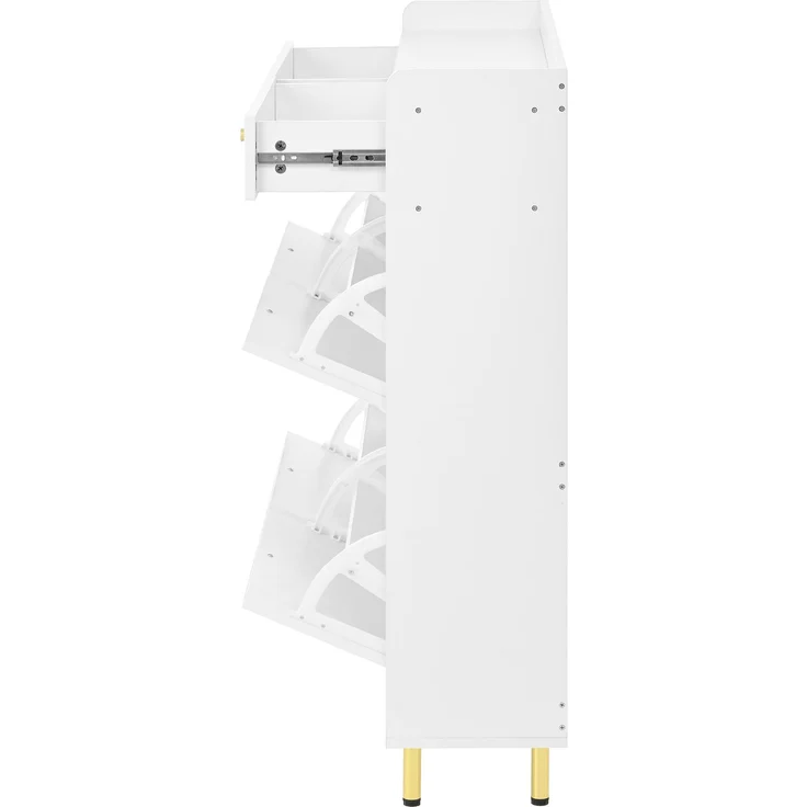 ZUBALIYA Schuhschrank (106,5 x 25 x 105,5 cm), 4 Klappfächer und 2 Schubladen, Verstellbare Einlegeböden, Aus MDF und Spanplatte, Weiß – Bild 11