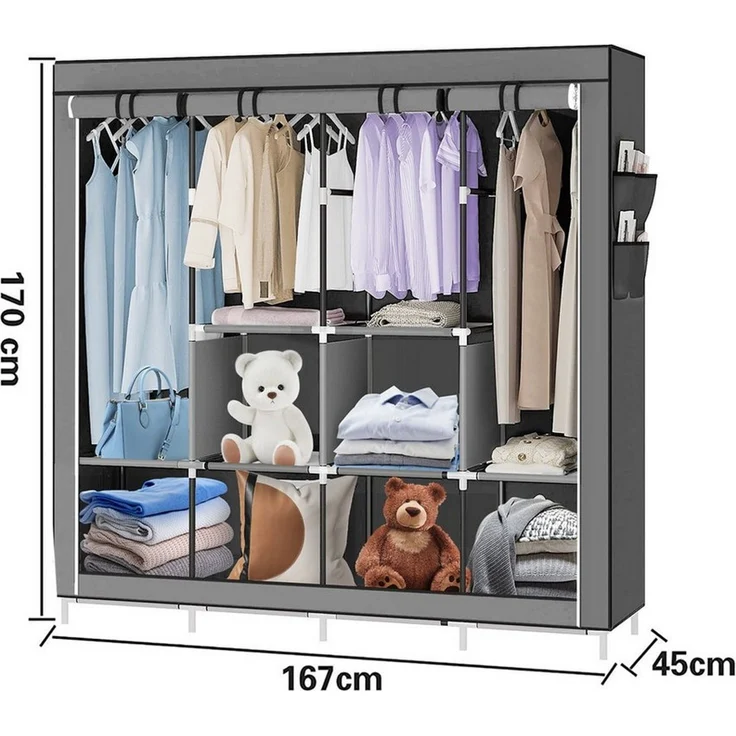 JEOBEST Kleiderschrank Stoffschrank, Kleiderschrank mit Kleiderstange und Ablagen Faltschrank für Schlafzimmer, Ankleidezimmer, 167 x 45 x 170 cm – Bild 3