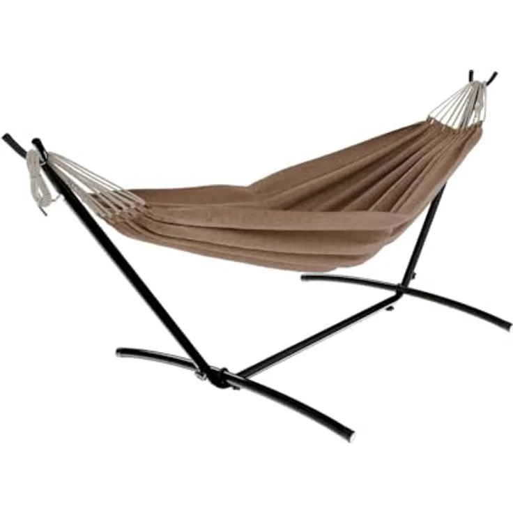 GARMIO Hängematte mit Gestell, 200kg Belastbarkeit, klappbar, inkl. Zubehör & Tragetasche, in Braun, 270x110x105cm – Bild 6