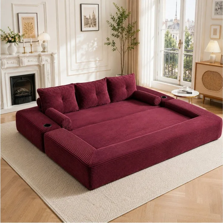 HAUSS SPOLE Schlafsofa 3-Sitzer Klappsofa aus Cord,Loungesofa mit Getränkehalter & Taschen, Cord-Multifunktionssofa mit hochdichtem Schaumstoff und Reißverschluss, Dreisitzer ausklappbare Schlafcouch-Funktion